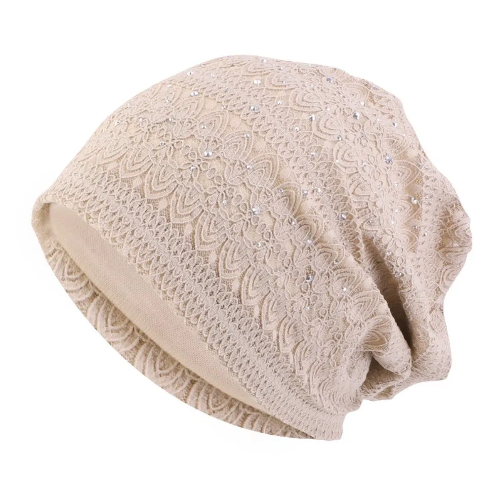 Gifts Lace Lace Beanie Hat Rhinestone Double Layer Slouchy Beanie Floral Pattern Slouchy Chemo Headwear Daily Wear