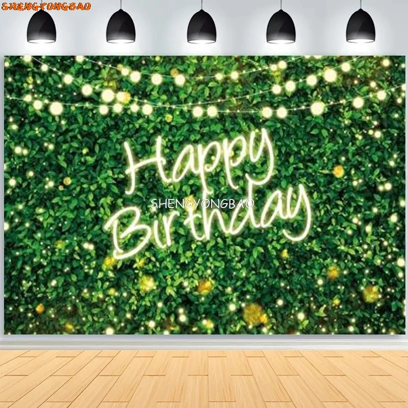 

Green Leaves Happy Birthday Party Backdrop Baby Shower Background For Photography Cake Table Photo Studio Booth Props HQ-02