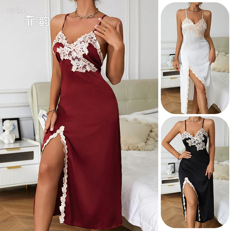 مثير العميق الخامس الرقبة ثوب النوم الساتان قميص الدانتيل تقليم طويل الشق ثوب النوم المرأة أنيقة المتسكعون شق طويل ملابس خاصة