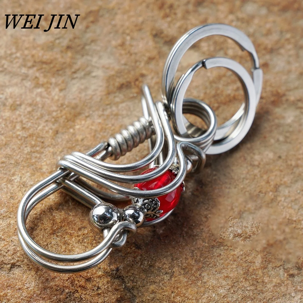 Stainless Steel Men Keychains, Machinery Street Style , 3 Layers Steel Wire Red Beaded Car Keyring,Outdoor Hook Buckle Trinket