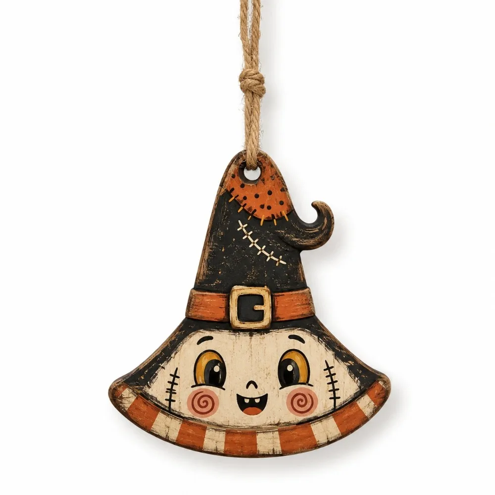 Vintage Style Halloween Pumpkin Ghost Pendant Trick or Treat Distressed Painted Owls Bat Hanging Decoration Rustic with Rope