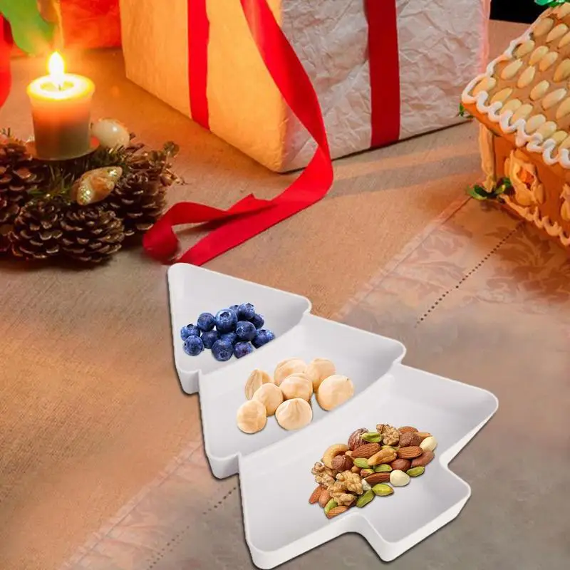 Christmas Tree Serving Platter Christmas Candy Tray 3 Compartments Holiday Dessert Divided Tray For Dried Fruits Nuts Snacks