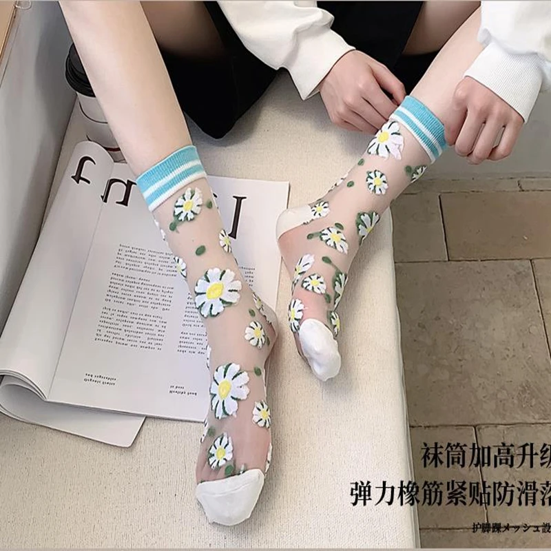 2022 Japanese Korea Fashion Jacquard Women Summer Cool Creative Floral Transparent Silk Trend Print Ultrathin Glass Silk Socks