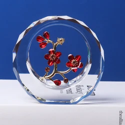 Crystal Two Plum Blossoms Figurine Collectible With A Outer Circular Ring Glass Flower Ornament Home Tabletop Centerpiece Decor