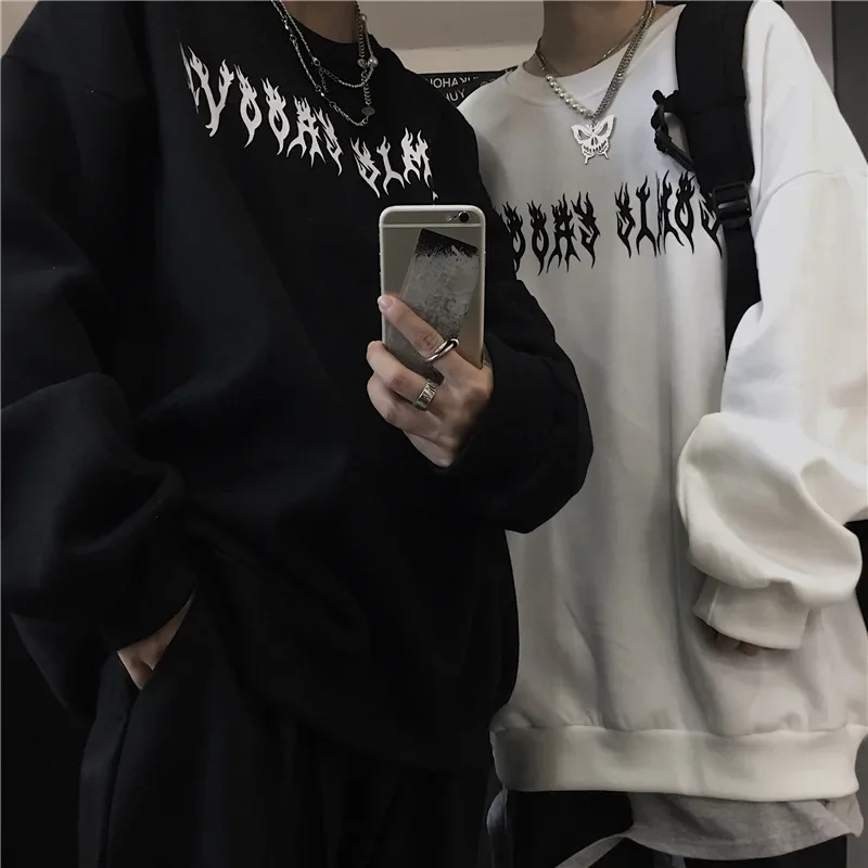 High Quality Men's Loose Tracksuit Casual Printing Sweatshirt Hot Sale Versatile Pullover Trend Black White Street Tops Clothing