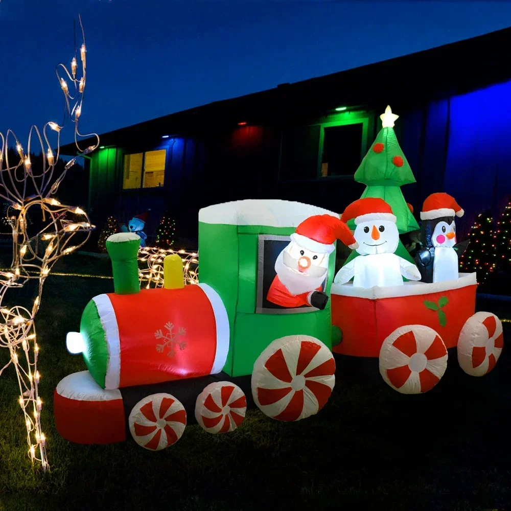 Decoração de natal trem inflável papai noel boneco de neve comprimento 8.8ft brinquedos infláveis com luzes led ornamento de jardim ao ar livre