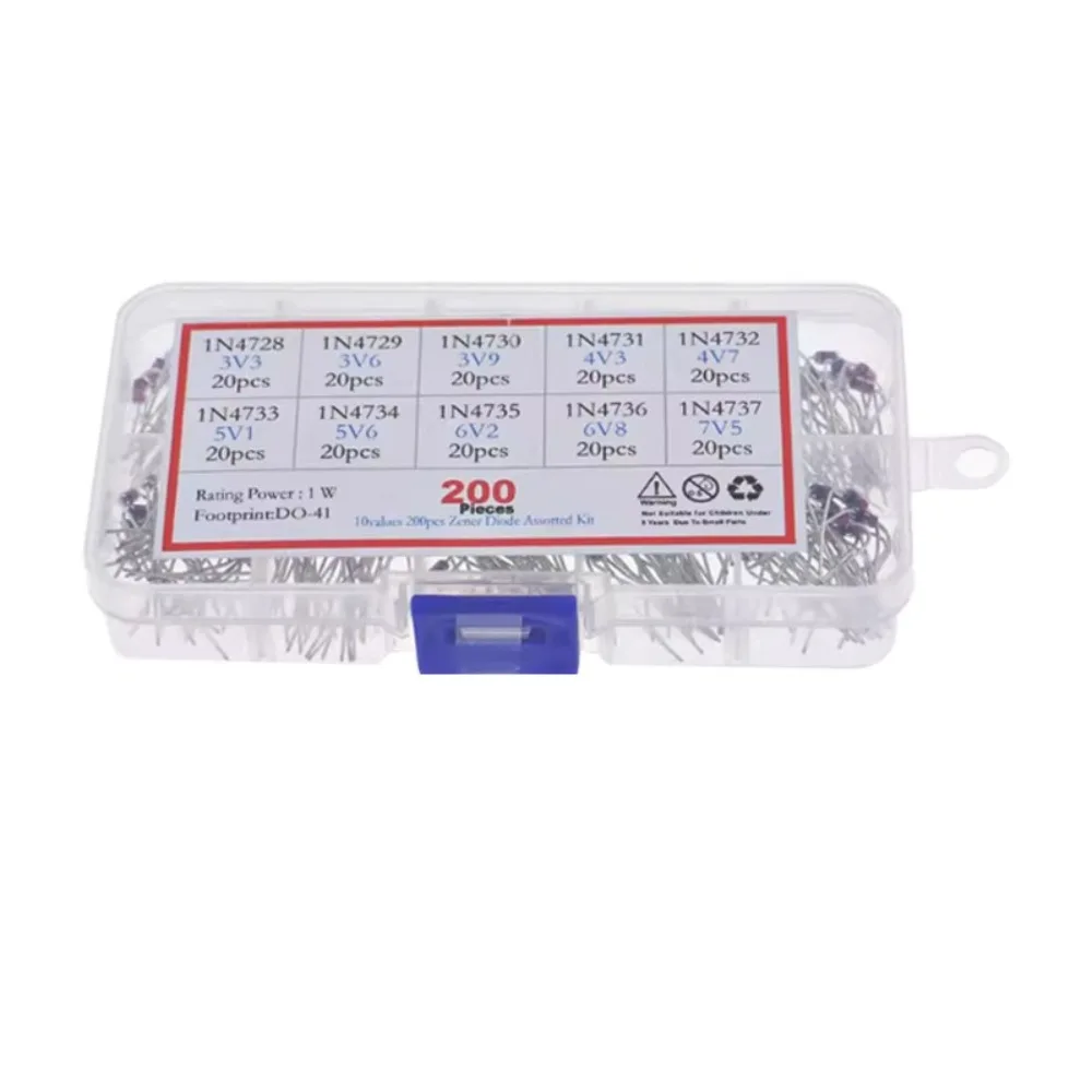 

200Pcs 10 Values 1W Zener Diode Assortment Kit 1N4728 to 1N4737 3 3V to 12V Voltage Regulator Set with Storage Case for Circuit