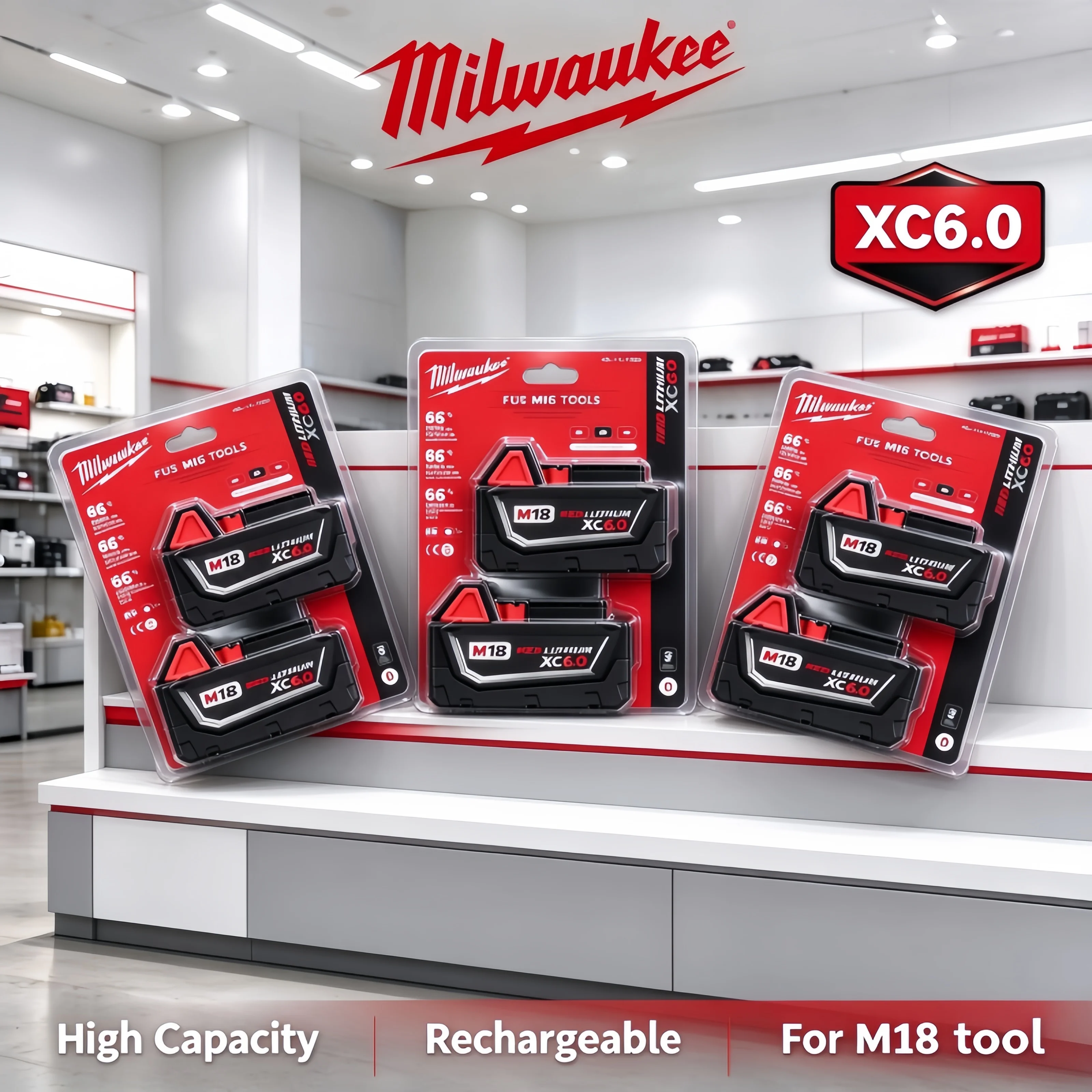 Milwaukee M18 XC6.0Ah Lithium Battery, Wide Compatibility Fit M18 Series Tools 48‑11‑2830 0730‑20 Lithium Cell