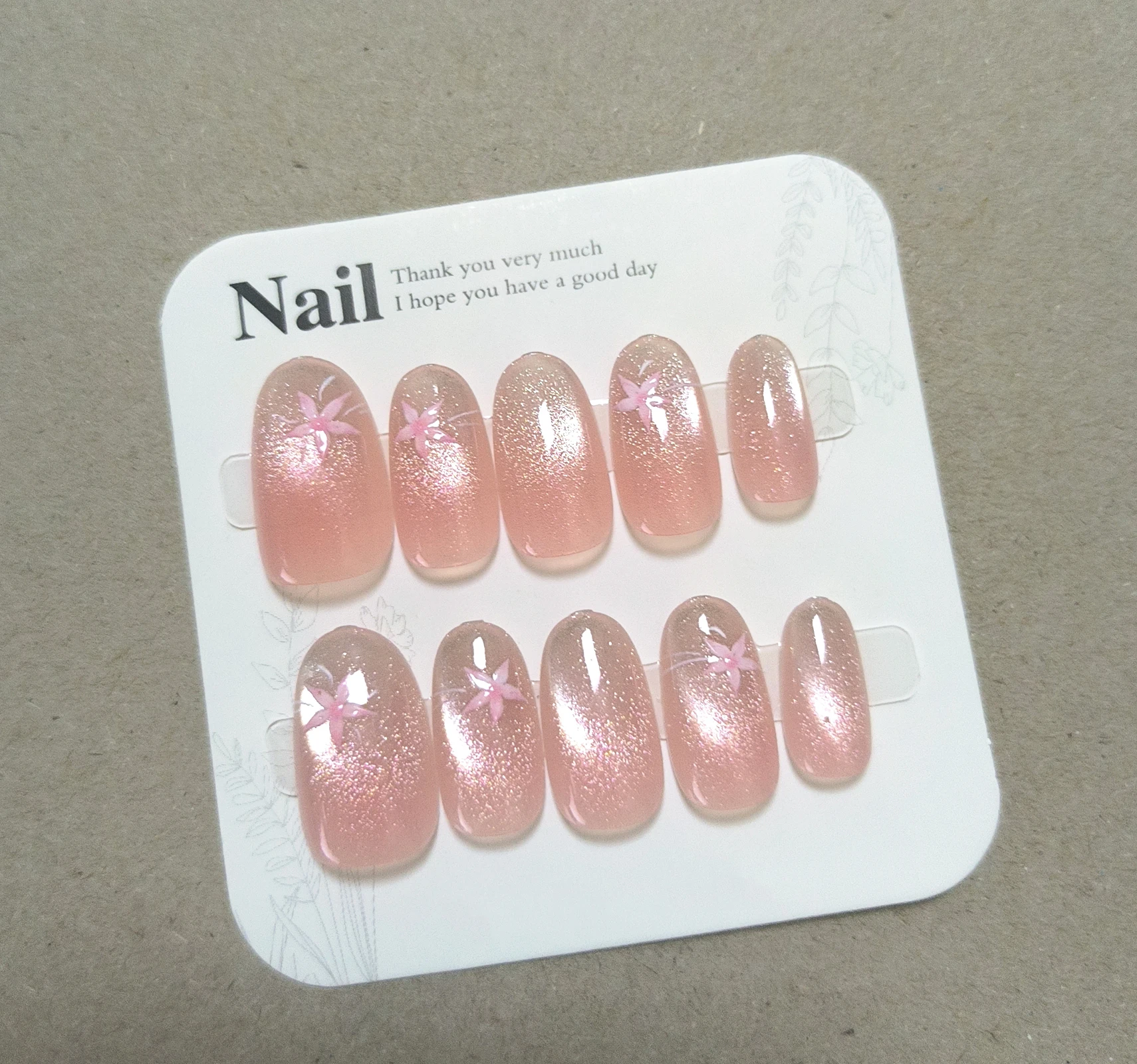 10Pcs Almond Nude Pink Cat Eye Press On Nails Glitter & Flower Ins Style Reusable Glossy False Nails For Women Daily Manicure