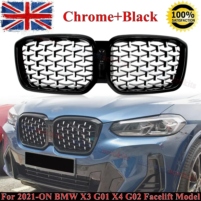 SAIQINGSP Fit For BMW X3 G01 X4 G02 2022-2024 LCI Front Bumper Grille Chrome+Black Car Accessories Tools