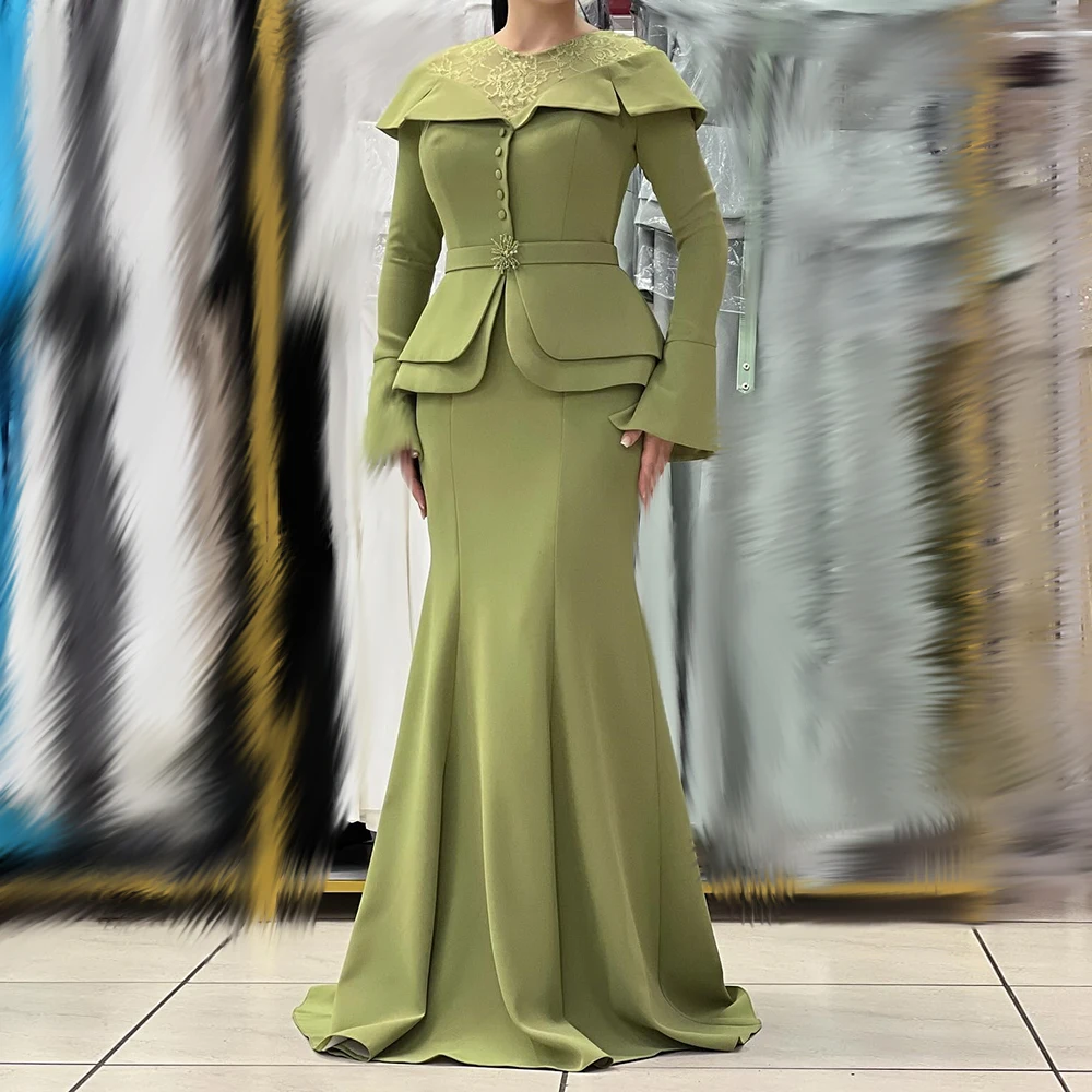 

Customized A-line Evening Dresses Floor-length O-neck Full Sleeve Prom Gown Fashion Button Lace Sashes Simple Draped Party Gown