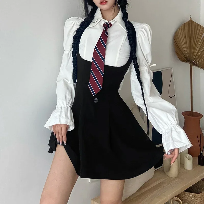 College Style Preppy Style American Spicy Girls JK Uniform Dress Suit Black Summer Slim Uniform Set White Shirt Bishop Sleeve