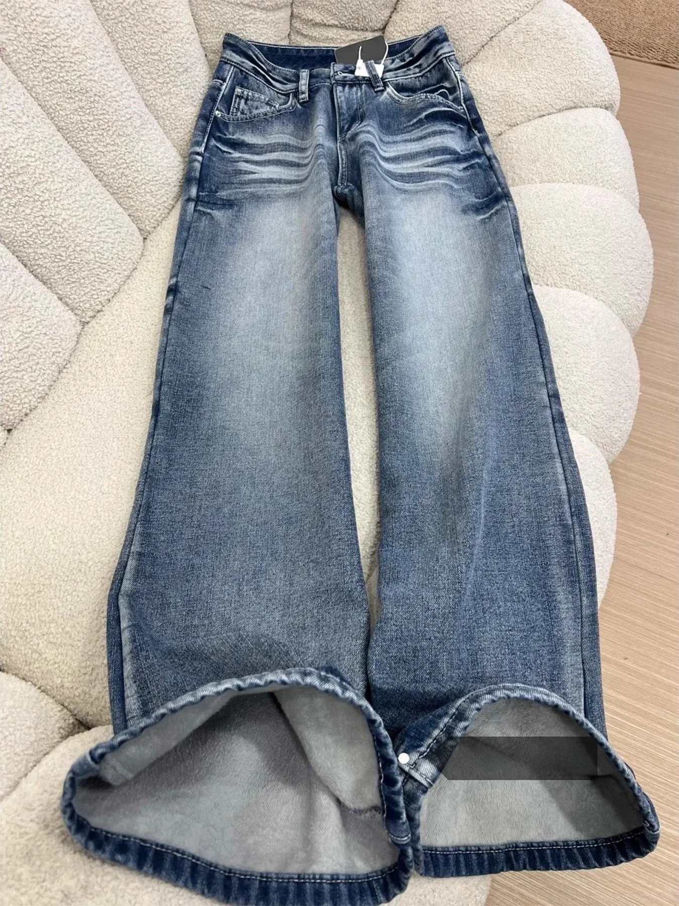 

Женские зимние джинсы с высокой талией и широкими штанинами на подкладке в стиле ретро, тонкие широкие брюки с прямыми штанинами