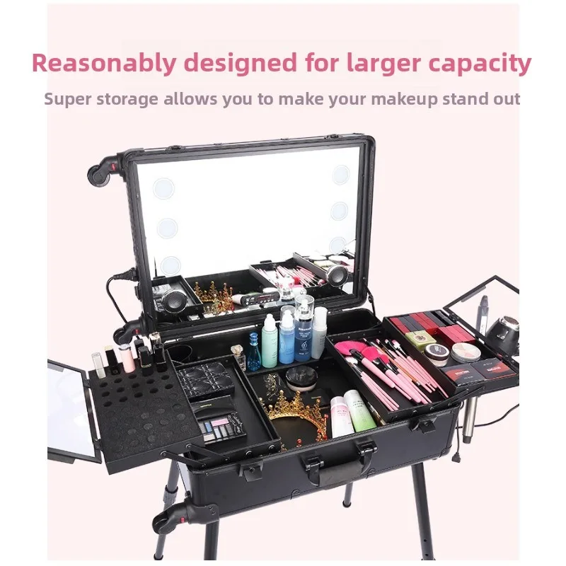 22 inch Professional Makeup Case Waterproof Flame Retardant Case Rolling Trolley Box With Light Stand flagpole