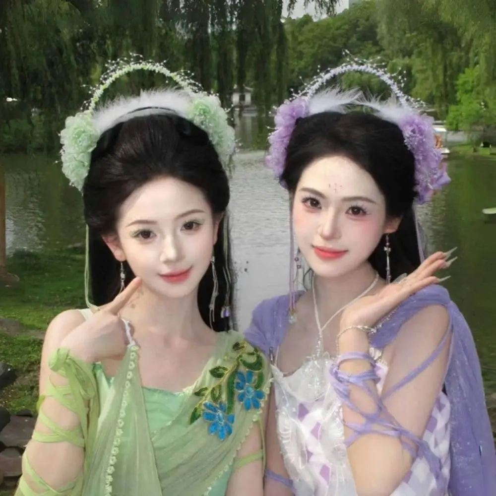 

Elegant Feather Flower Headband Seven Fairy Bead Tassel Hair Hoop Cloth Pearl Hanfu Hair Accessories Daily Life