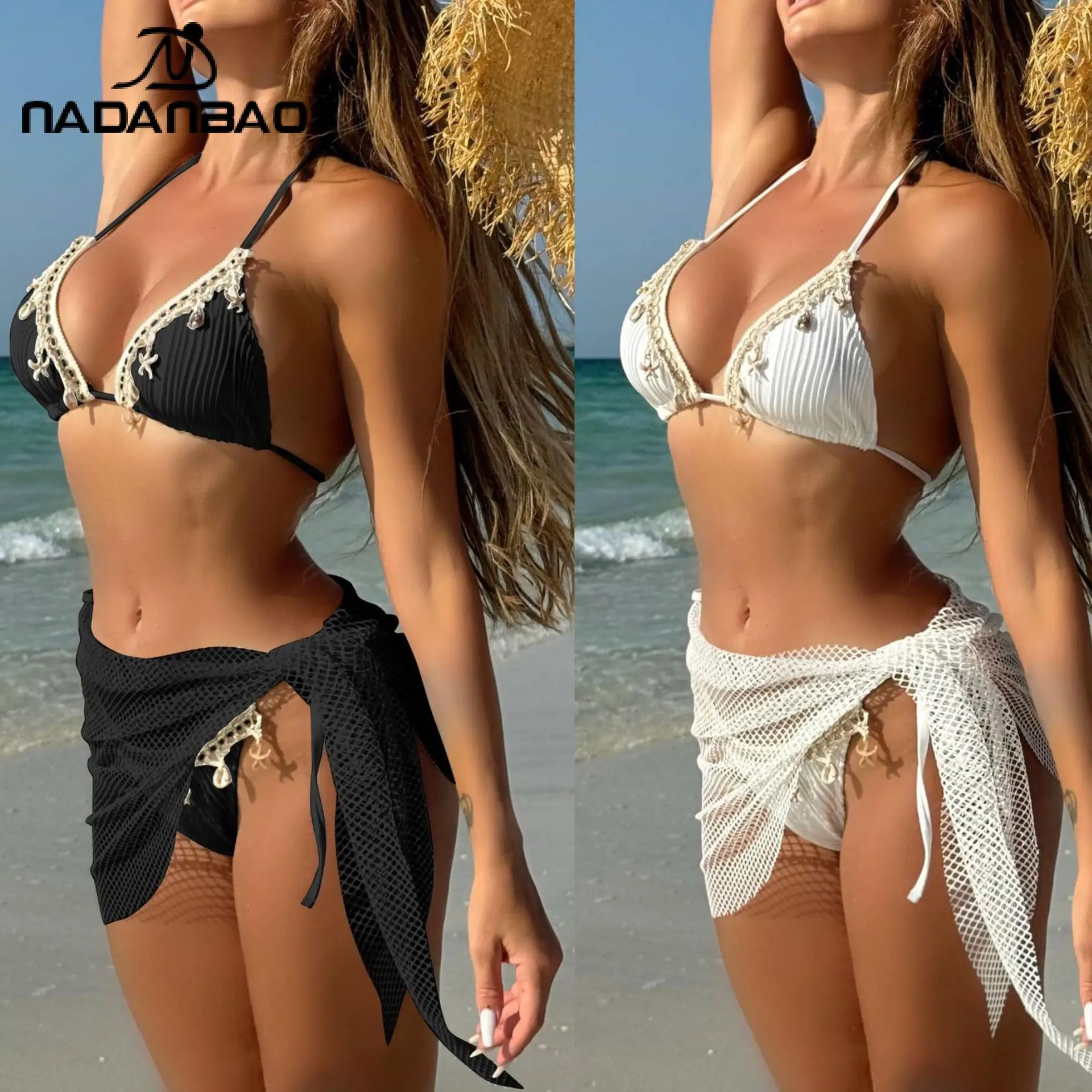 Nadanbao Fashion Women Starfish Tassel Three Piece Bikini Set Transparent Mesh Short Skirt Swimwear Sexy Beach Triangle Swimsuit