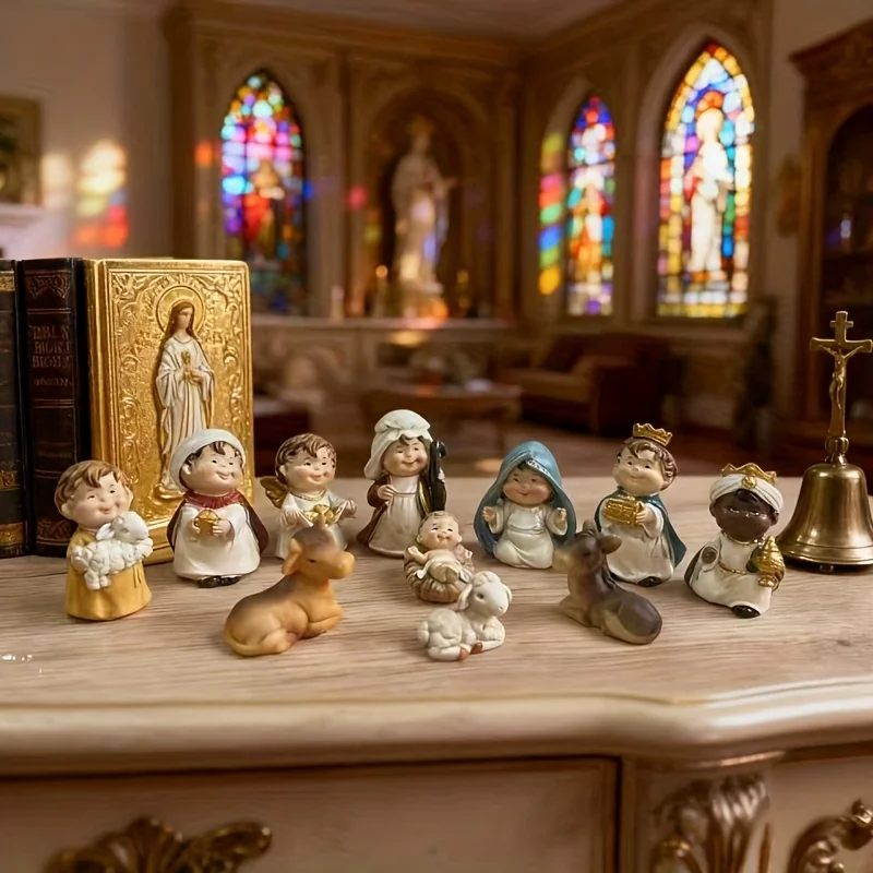 11Pcs Cute Mini Nativity Scene Figurine Set, Christmas Holy Family Wise Men Angel Sheep Cow Donkey Resin Statue, Tabletop Religi
