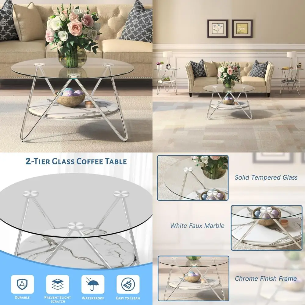 

круглый журнальный столик с местом для хранения вещей, 2-уровневый стеклянный журнальный столик для гостиной, современный гостиной столик из закаленного стекла и металла