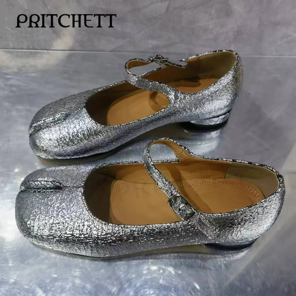 

Silver Cracked Buckled Split-Toe Shoes Round-Toed Mid-Heel Slip-On Casual Mary Jane Shoes Fashionable Large-Size Women's Shoes