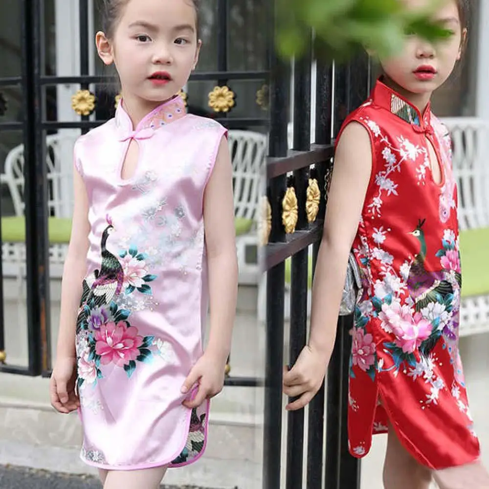Sweet Slim Chinese Style Peacock Sleeveless Qipao Summer Clothes Traditional Dress Cheongsam Dress Child Dresses