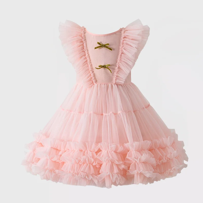 Girls' Flutter Sleeve Dress Spring Children's Fashionable Host Performance Outfit Baby One-Year-Old Dress Princess Dress