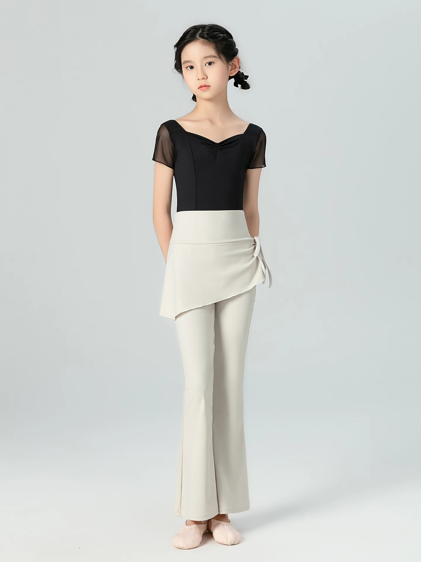 子供用バレエダンス衣装マイクロフレアスカートパンツベルト付きスリムフィット通気性ダンス練習ユニフォームベージュトレーニング服