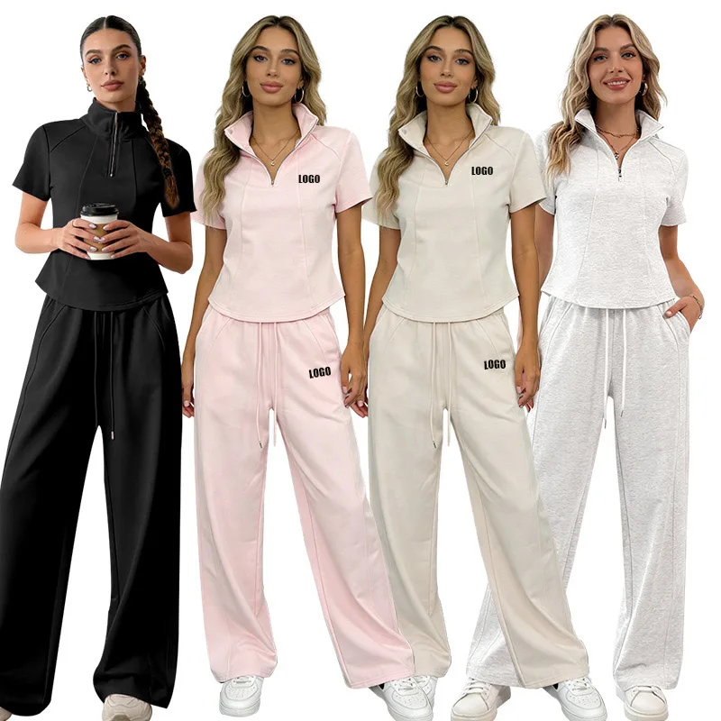 Customized LOGO women's 2026 European and American summer new short-sleeved lapel fashion casual trousers two-piece set
