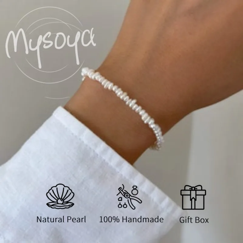 

MYSOYA White Baroque Freshwater Pearl Mini Beaded Bracelet 3-4mm With Gift Box For Him/Her Birthday/Wedding/Christmas Gift