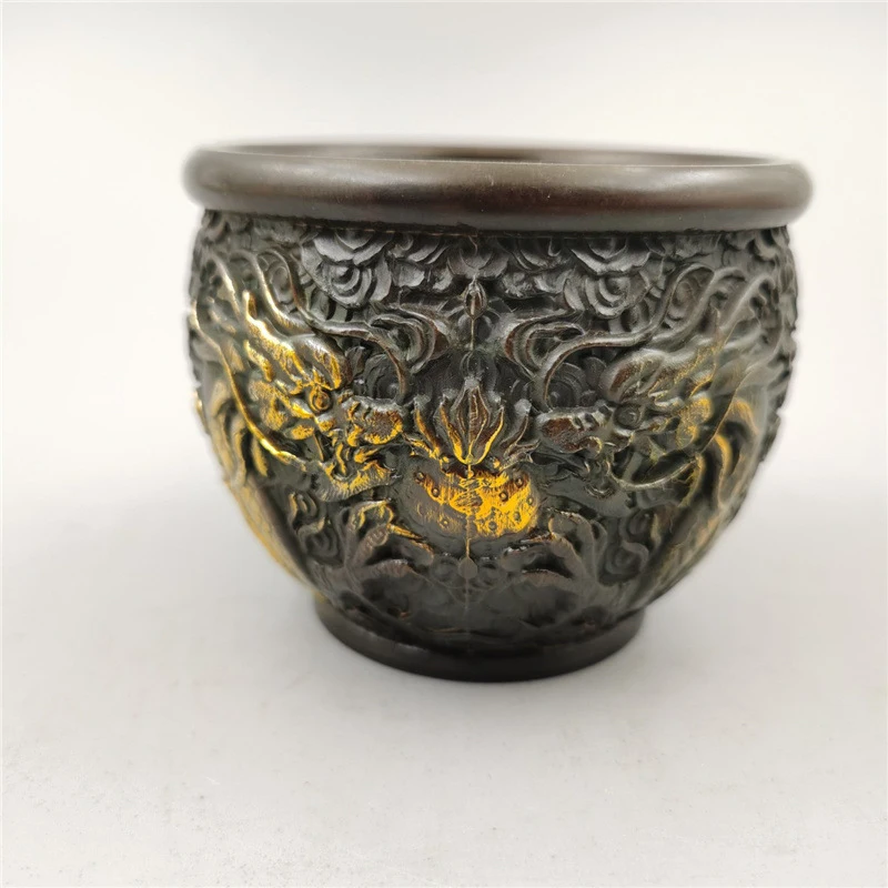 Copper-colored brass gilded design, home decoration piece, bronze ware, double dragon playing with pearls vat