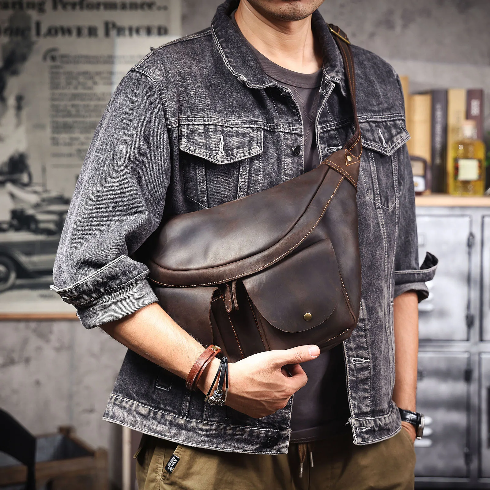 S.WORKER Vintage Vollnarbenleder Brusttasche Langlebige Große Kapazität Herren Umhängetasche Crossbody-Tasche für Männer – Detail 6