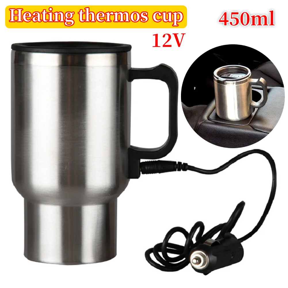 450ml Car Heating Cup by Cigarette Lighter Plug Stainless Steel Vehicle Heated Coffee Cup 12V for Heating Water Coffee Milk Tea