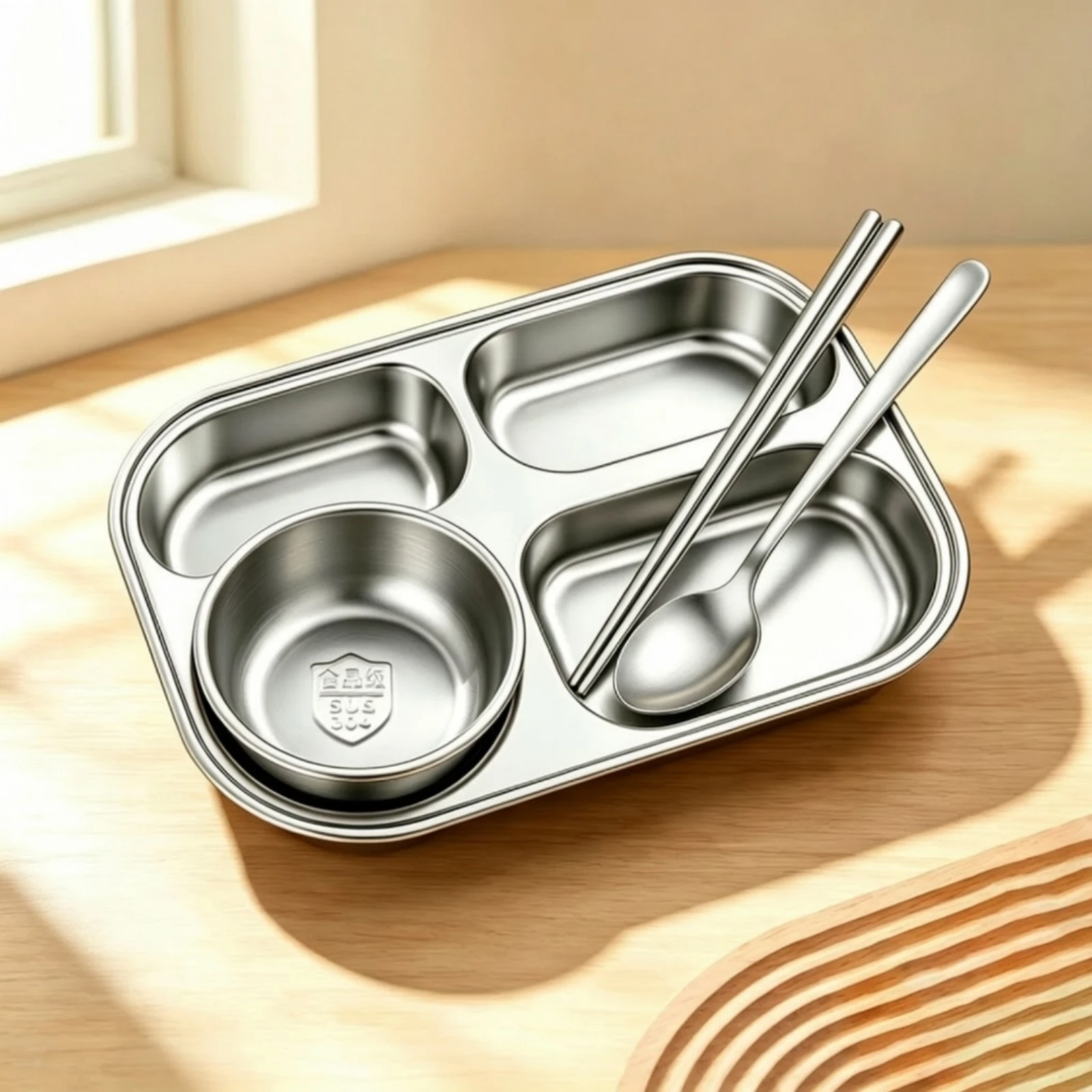 Stainless Steel Tray with Bowl Rectangular 5 Compartment Meal Tray Sectional Trays Rust-Resistant Dishwasher Safe for Adults