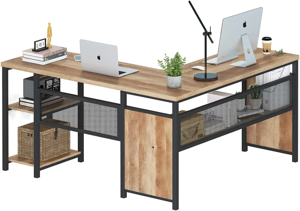 

L Shaped Computer Desk, Industrial Office Desk with Shelves, Rustic Wood and Metal Corner Desk for Home Office (Rustic O