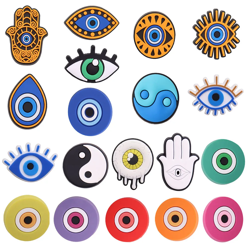 1-19PCS Cartoon Evil Eye Hand Tai Chi PVC Shoe Charms Buckle Clog Shoe Accessories Adorable Decoration Adult Party Xmas Gifts