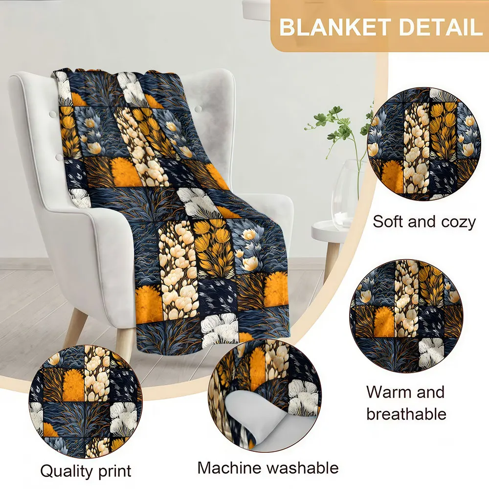black gold floral patchwork Soft Warm Flannel Blanket Lightweight Cozy Christmas Halloween Home Decor Room