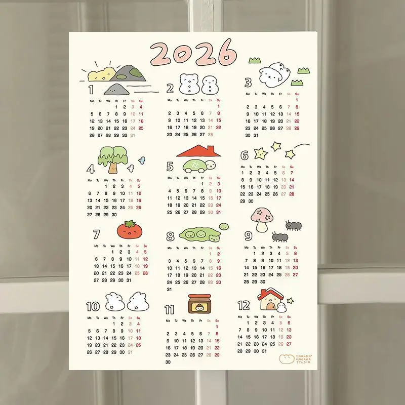 Korea 2026 Calendar Cute Poster Wall Calendar Decoration Living Room Decoration Self-adhesive Waterproof  Classroom Calendar