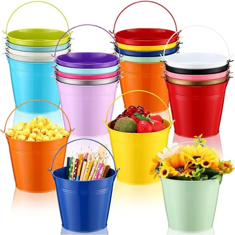 

24 Pack Colored Metal Small Bucket with Handle 6 x 4.3 x 5 Inch Galvanized Bucket Pail Bulk for Ice Tin Can Classroom Craf