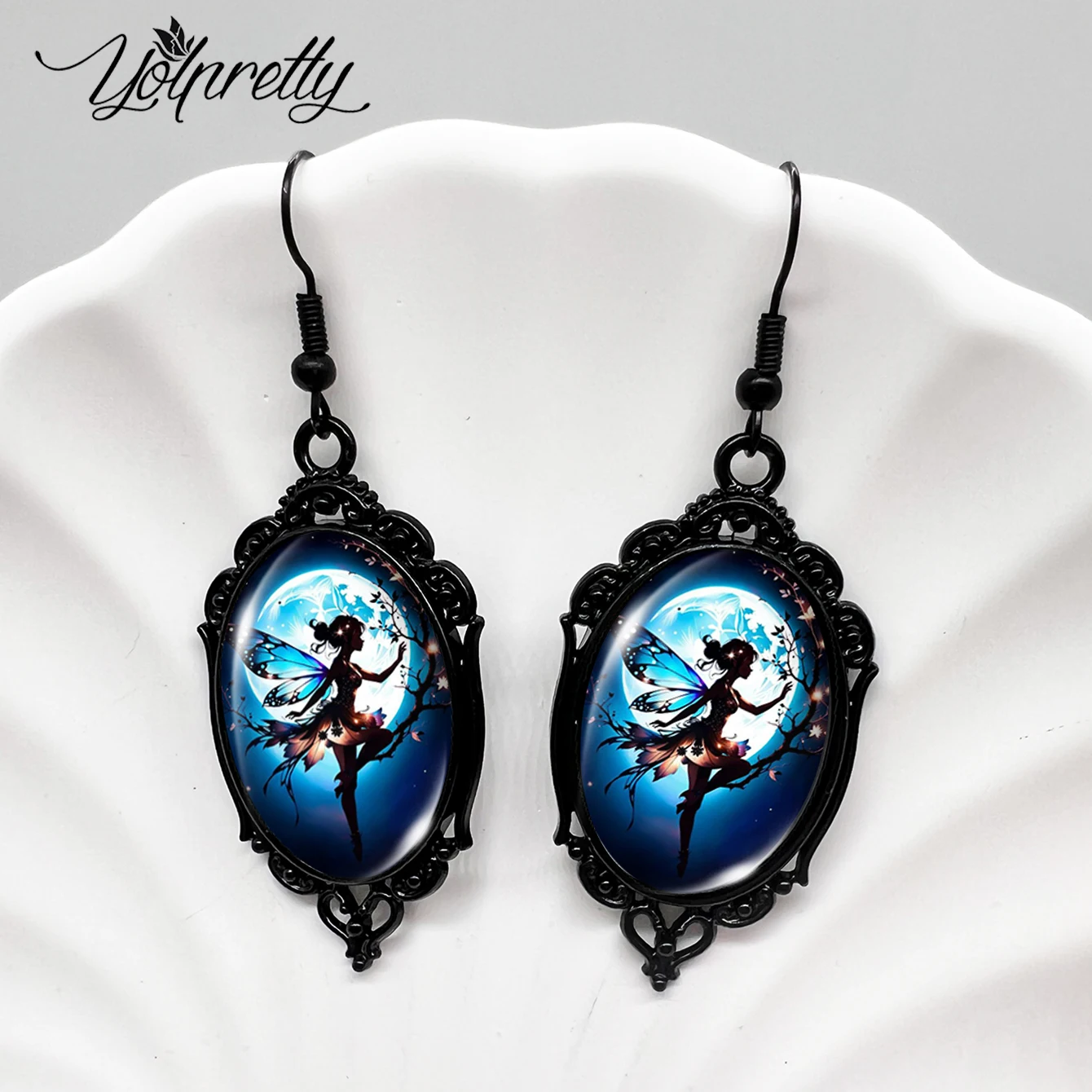 2025 New Dream Fairy and Moon Picture Oval Glass Cabochon Fish Hook Earrings Handmade Black Flower Shaped Dangle Earrings