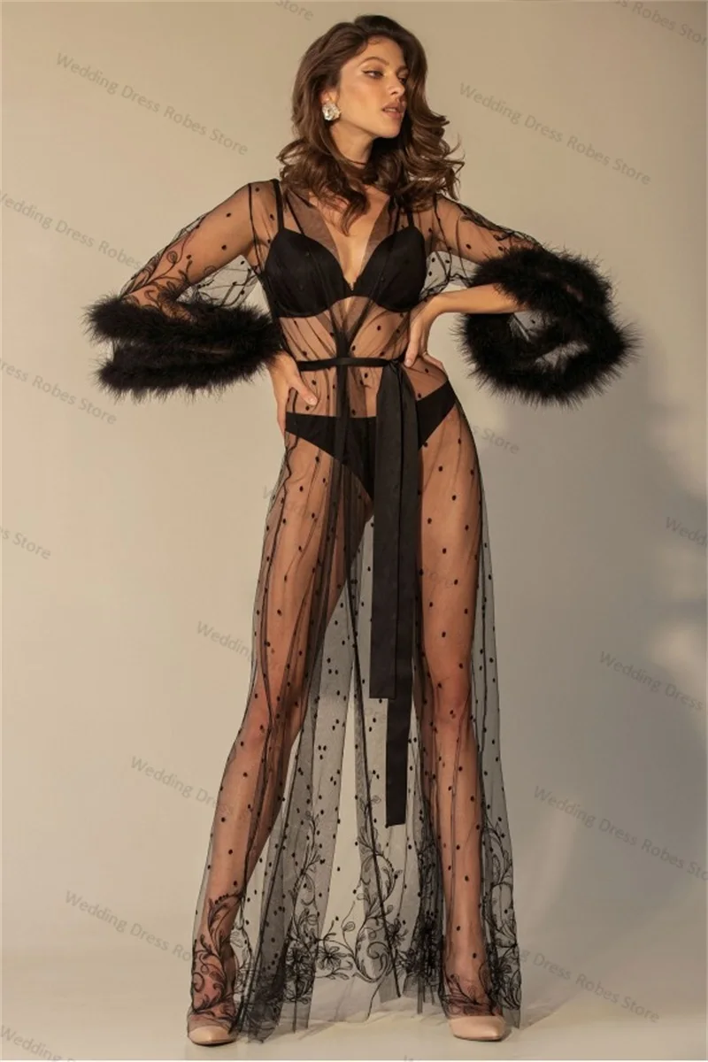 

Feather Sexy Black Women Prom Dress See Through Night Gown Wedding Dresses Belt Sleepwear V Neck Custom Made Party Robes