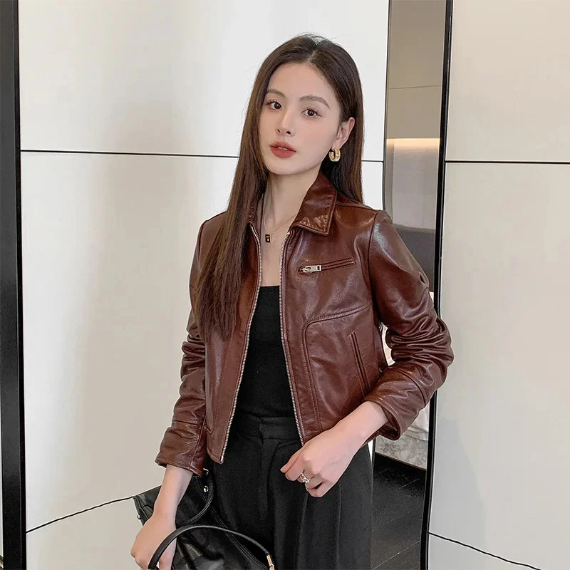 Cowhide Real Motorcycle Jackets for Women Spring Autumn 2024 Trend High-end Vintage High Waist Cropped Genuine Leather Coats