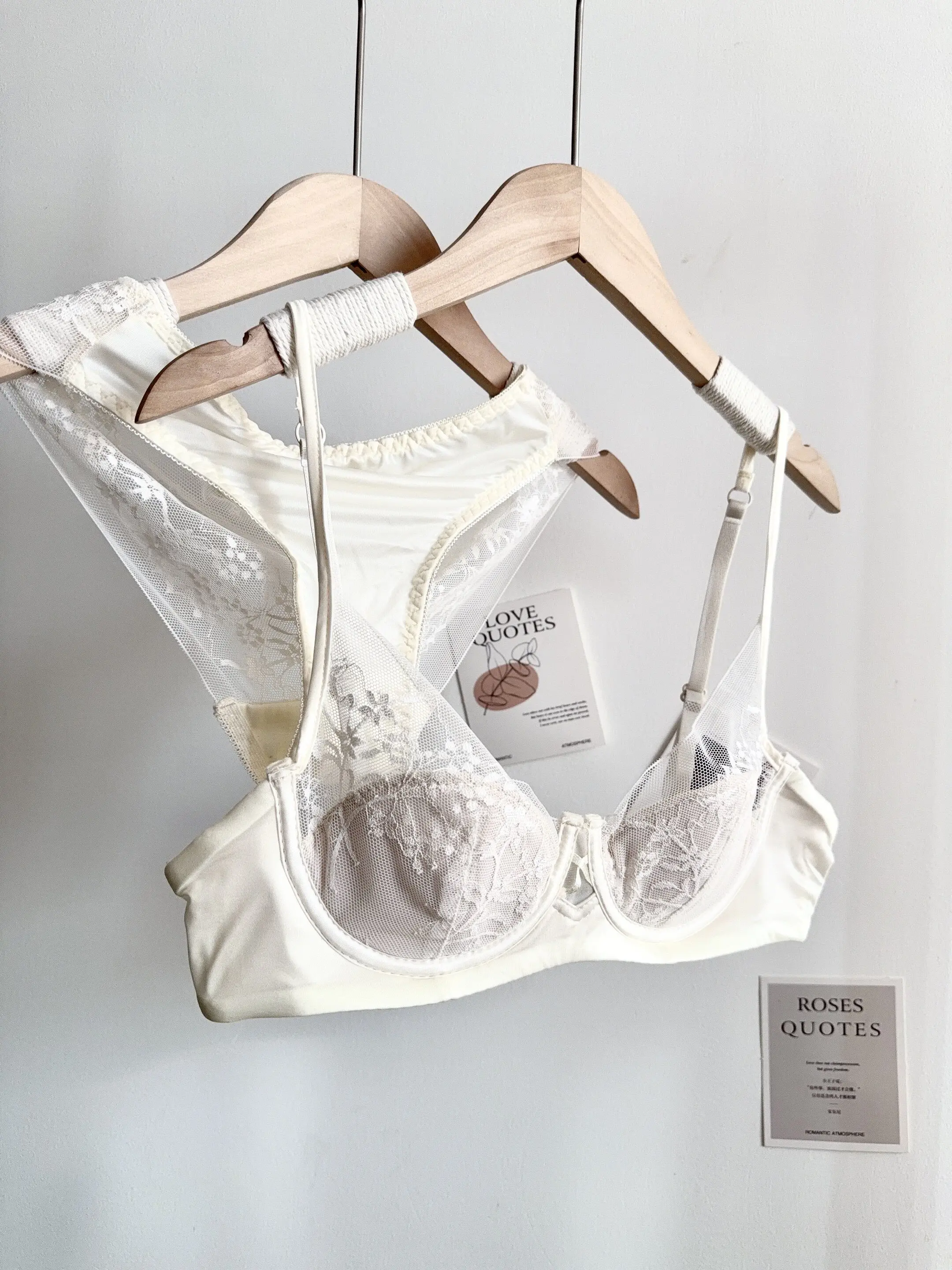 Conjunto de Lencería de Encaje Cómodo para Mujer, Sujetador con Aros Suaves, Copa Delgada, Push-Up, Transpirable, Ropa Interior para Mujeres con Busto Pequeño