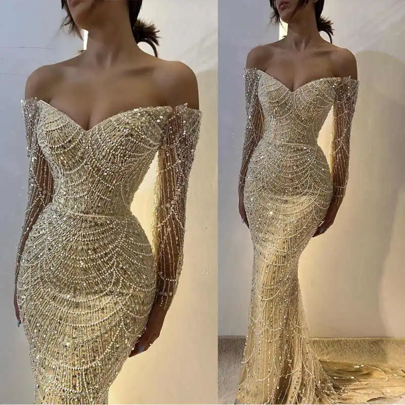 Abiti da sera illusione Sirena senza spalline Perline Paillettes Sweep Train Abiti da ballo Abiti da festa Robe De Soirée personalizzato