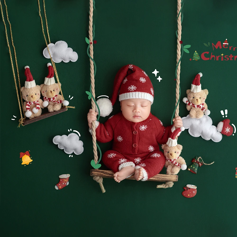 Newborn Christmas Photography Props Set Knit Red Snowflake Baby Photo Costume Mini Plush Bear Holiday Decor for Studio Shooting