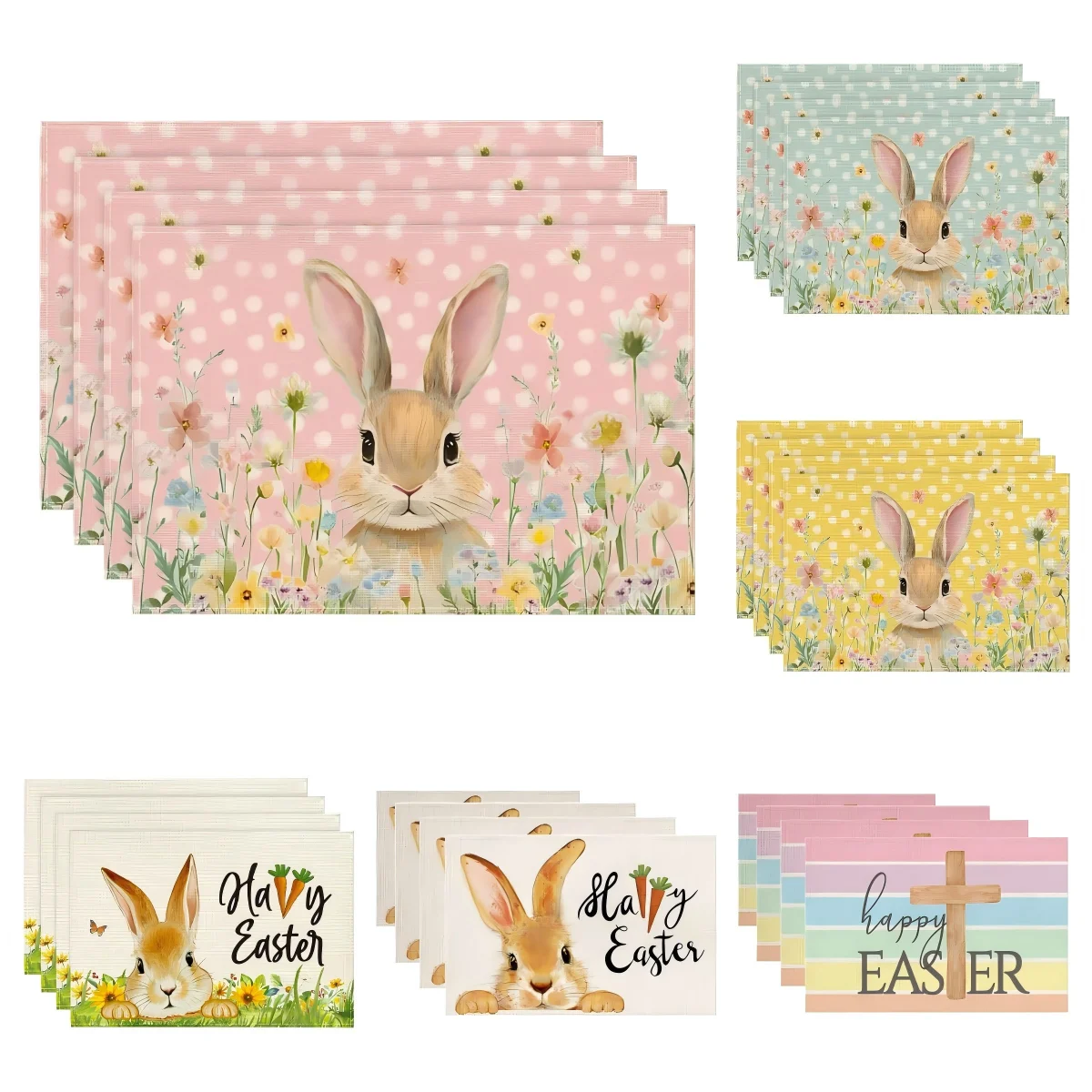 Easter Rabbit Placemats Set, Washable Linen Place Mat Heat Resistant Non Slip Kitchen Dining Table Mats