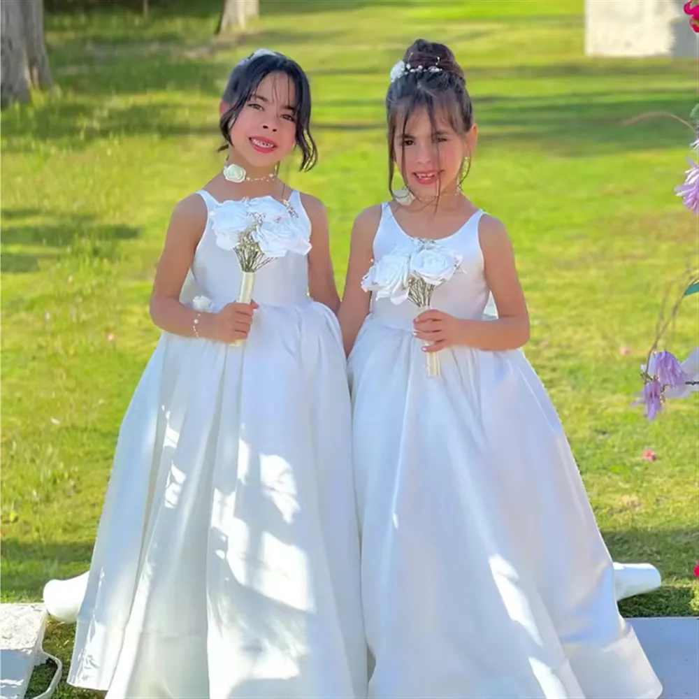Elegancka satynowa sukienka dla dziewczynki na wesele, bez rękawów, z kokardą, sukienka dla dzieci, młodszej druhny, na przyjęcie urodzinowe, vestidos de comunión