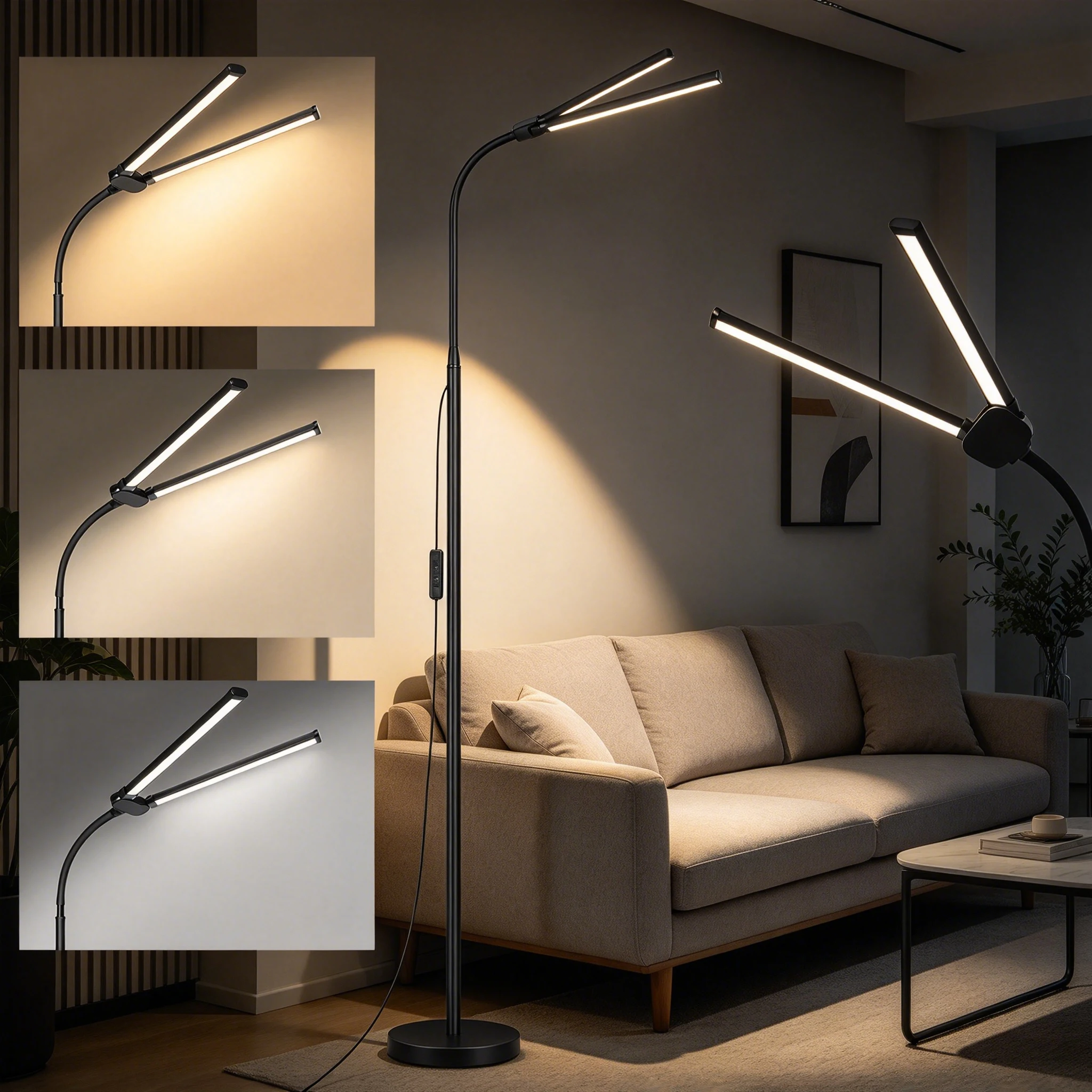 Dual Head LED Floor Lamp Changeable Reading Lamp 3 Color Temperatures with Flexible Gooseneck for Living Room Study Workbench