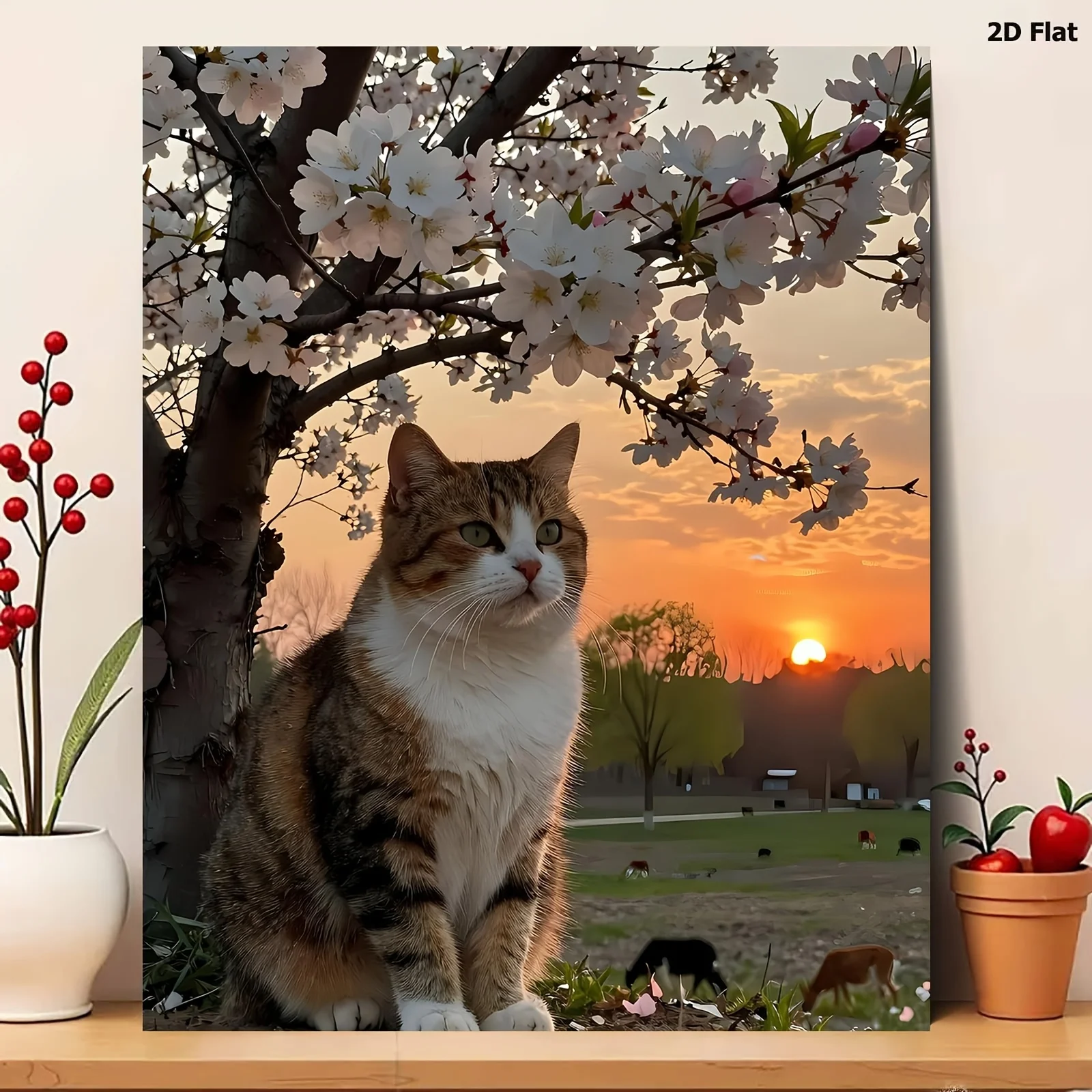 [2D Flat Frameless][Professional Art Use] 1pc Fun DIY Paint by Numbers Kit, Calico Cat Under a Tree with Sunset Reflecting on a