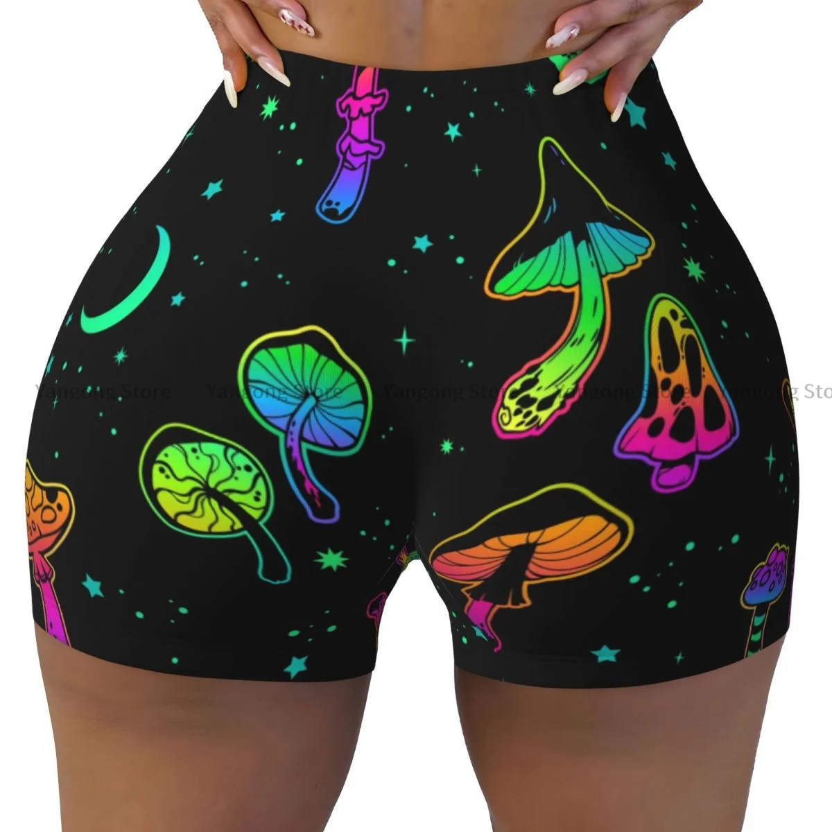 Spandex Yoga Shorts for Women Psychedelic Mushrooms And Moons Workout Booty Shorts