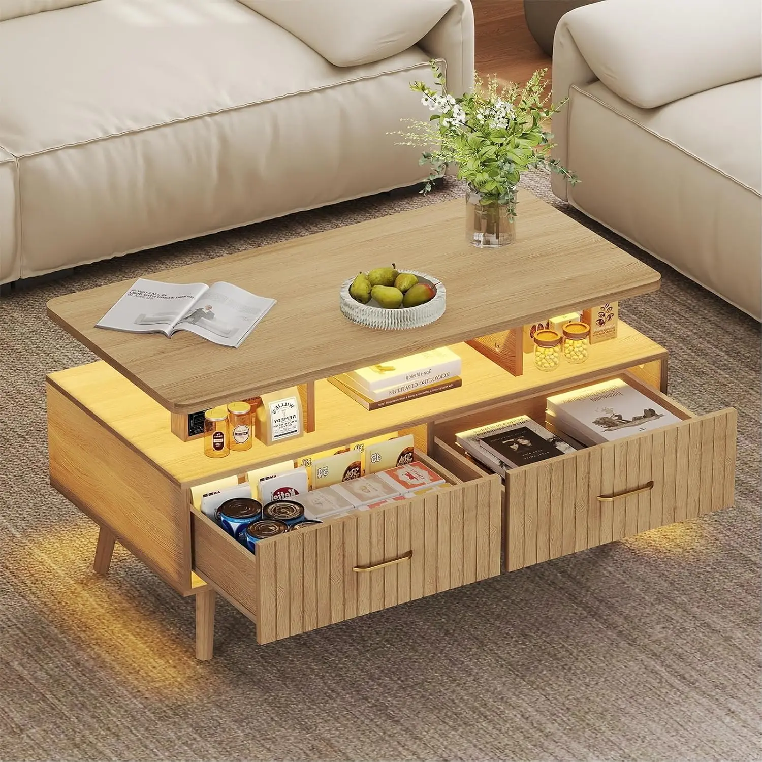 

37" LED Coffee Table with Storage 2 Drawers - Small Coffee Tables for Living Room Bedroom, Smart Wood Center Table, Customized