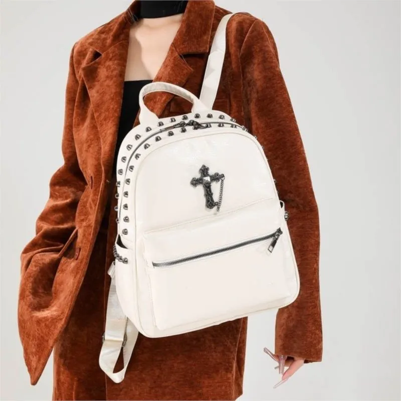 حقيبة ظهر متقاطعة بسلسلة مرصعة بتصميم عتيق للفتيات من الجلد بسعة كبيرة حقيبة نهارية للسيدات Harajuku Y2k موضة Mochilas Mujer Chic #1